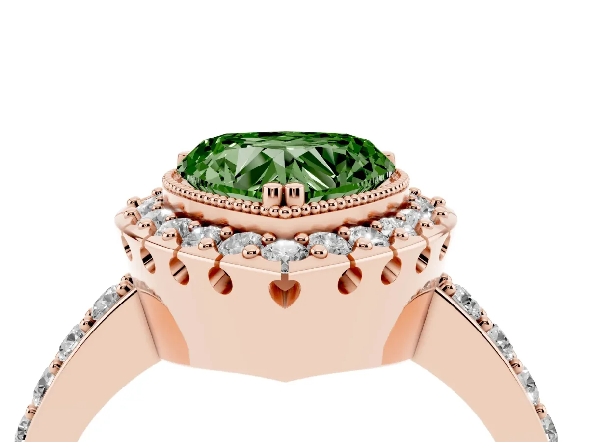 Fancy Green Heart Cut Diamond Halo Ring with Pavé Band and Prong Setting Rose gold