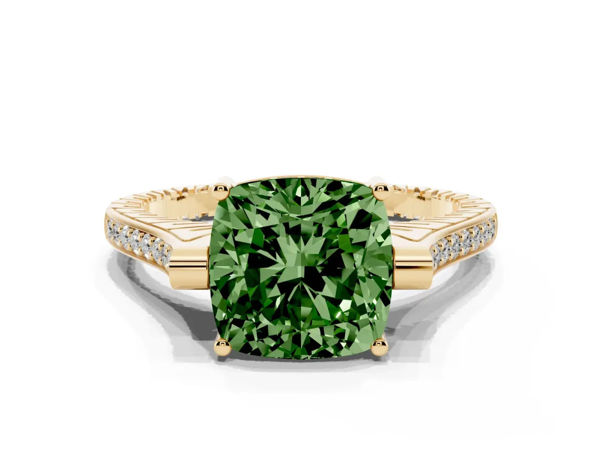 Fancy Green Cushion Cut Solitaire Diamond Ring with Channel Set Band and Bezel Prong Setting Yellow gold