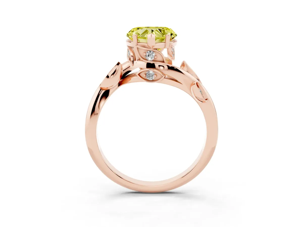 Fancy Yellow Heart Cut Solitaire Twist Engagement Ring with Leaf Accents and Prong Setting Rose gold
