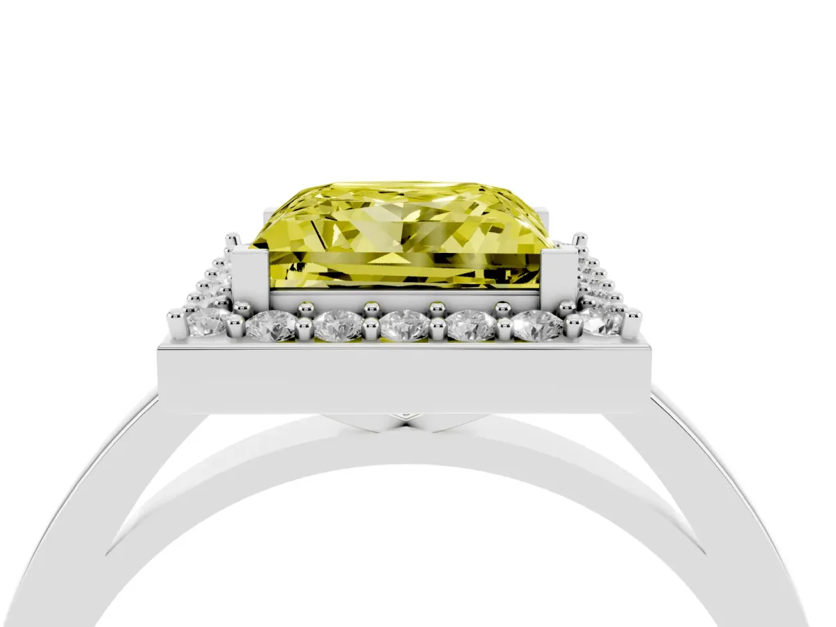 Fancy Yellow Princess Cut Halo Diamond Ring with Solitaire Band and Prong Setting Silver