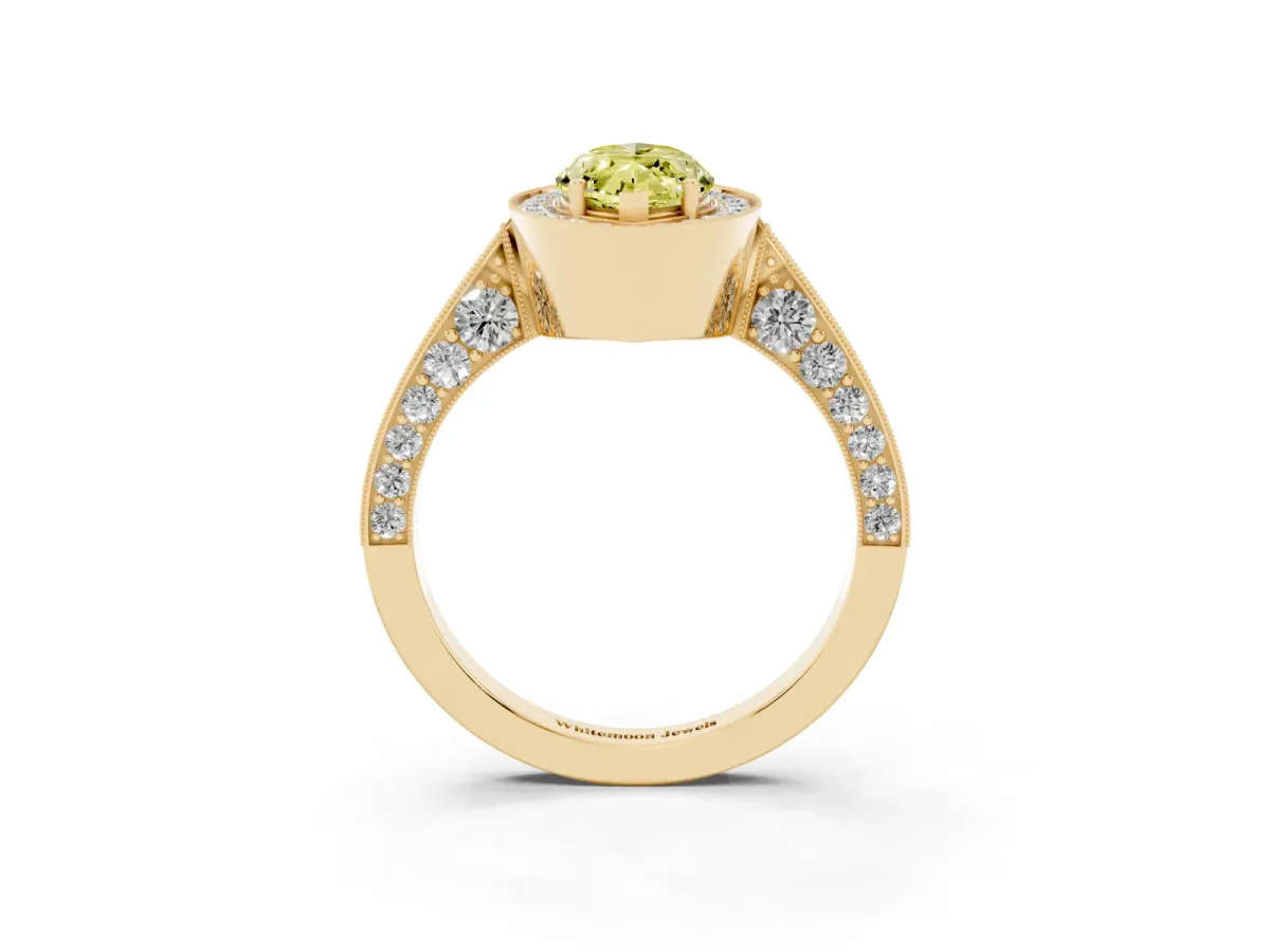 Fancy Yellow Marquise Cut Halo Diamond Engagement Ring with Split Shank Band and Four-Prong Setting Yellow gold
