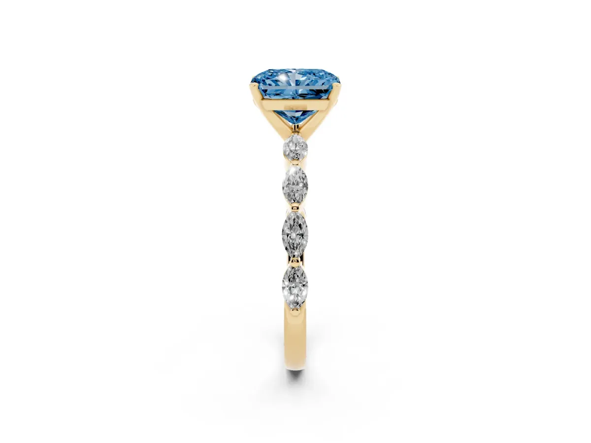 Fancy Blue Radiant Cut Diamond Ring with Marquise Side Stones and Prong Setting Yellow gold
