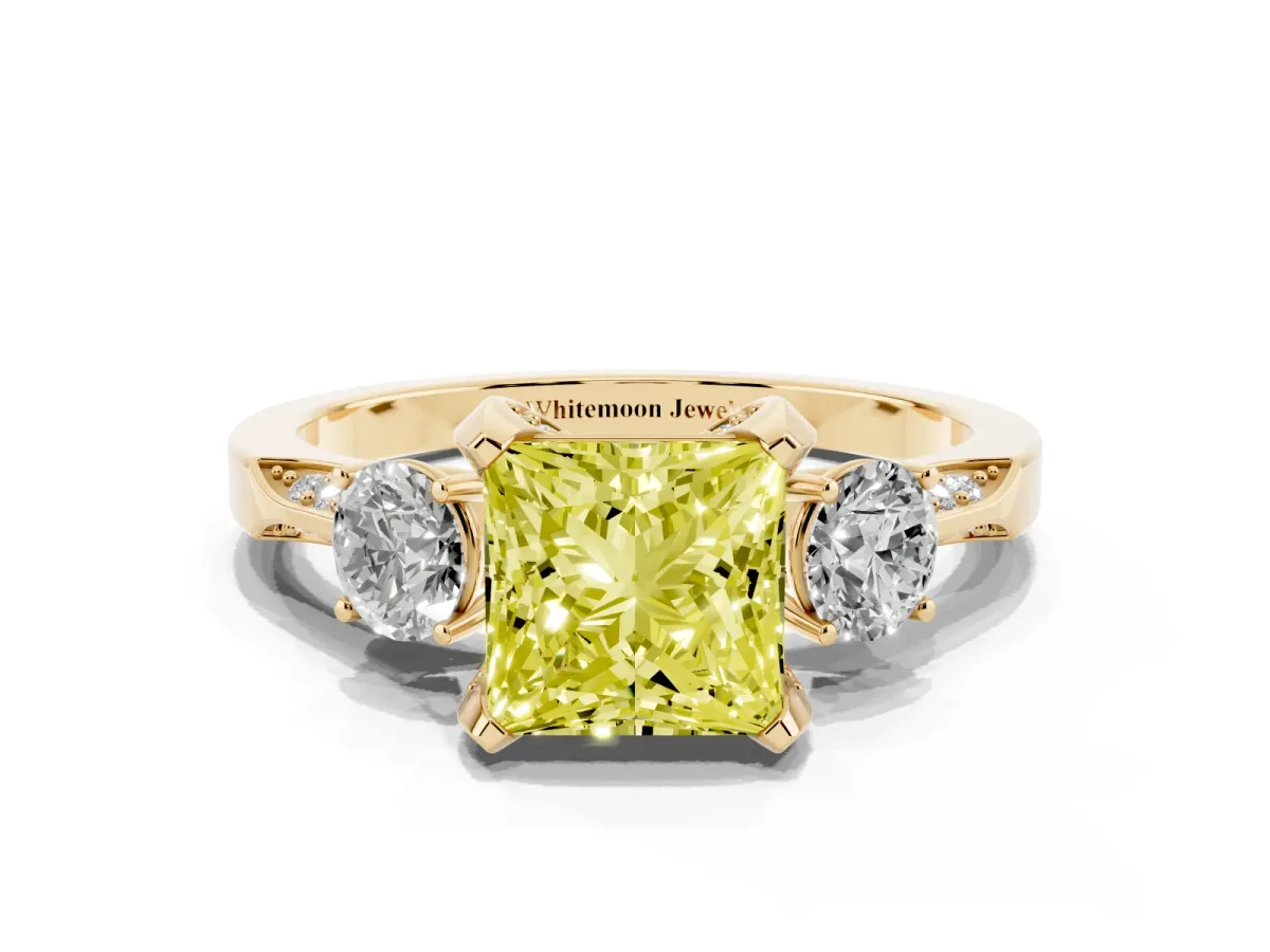 Fancy Yellow Princess Cut Brilliant Three-Stone Diamond Ring with Pavé Band and Four-Prong Setting Yellow gold