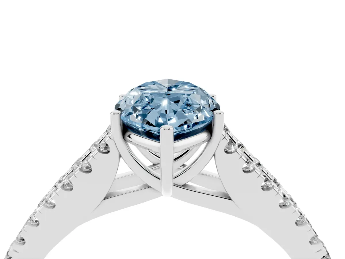 Fancy Blue Marquise Cut Diamond Split Shank Engagement Ring with Round Pavé and Prong Setting Silver