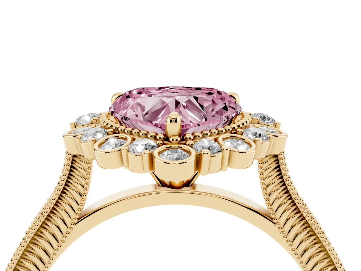 Fancy Pink Heart Cut Halo Milgrain Pave Diamond Ring with Four-Prong Setting Yellow gold