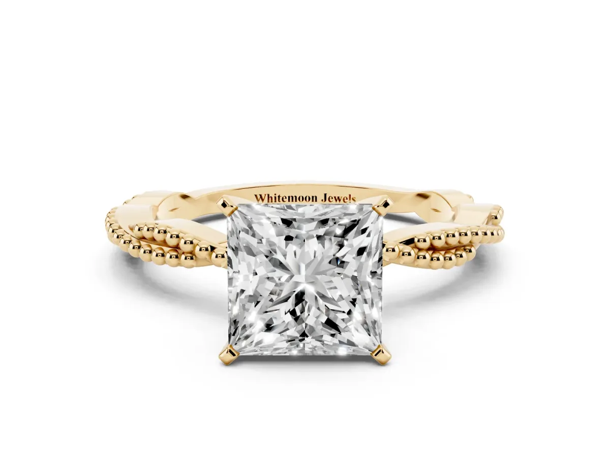 Princess Cut Solitaire Twisted Band with Bead Prong Setting Yellow gold