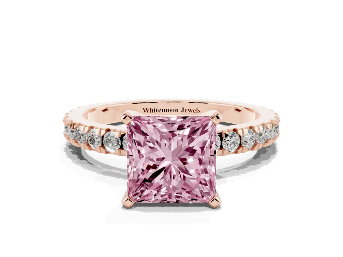 Fancy Pink Princess Cut Diamond Pavé Band Solitaire with Four-Prong Setting Rose gold