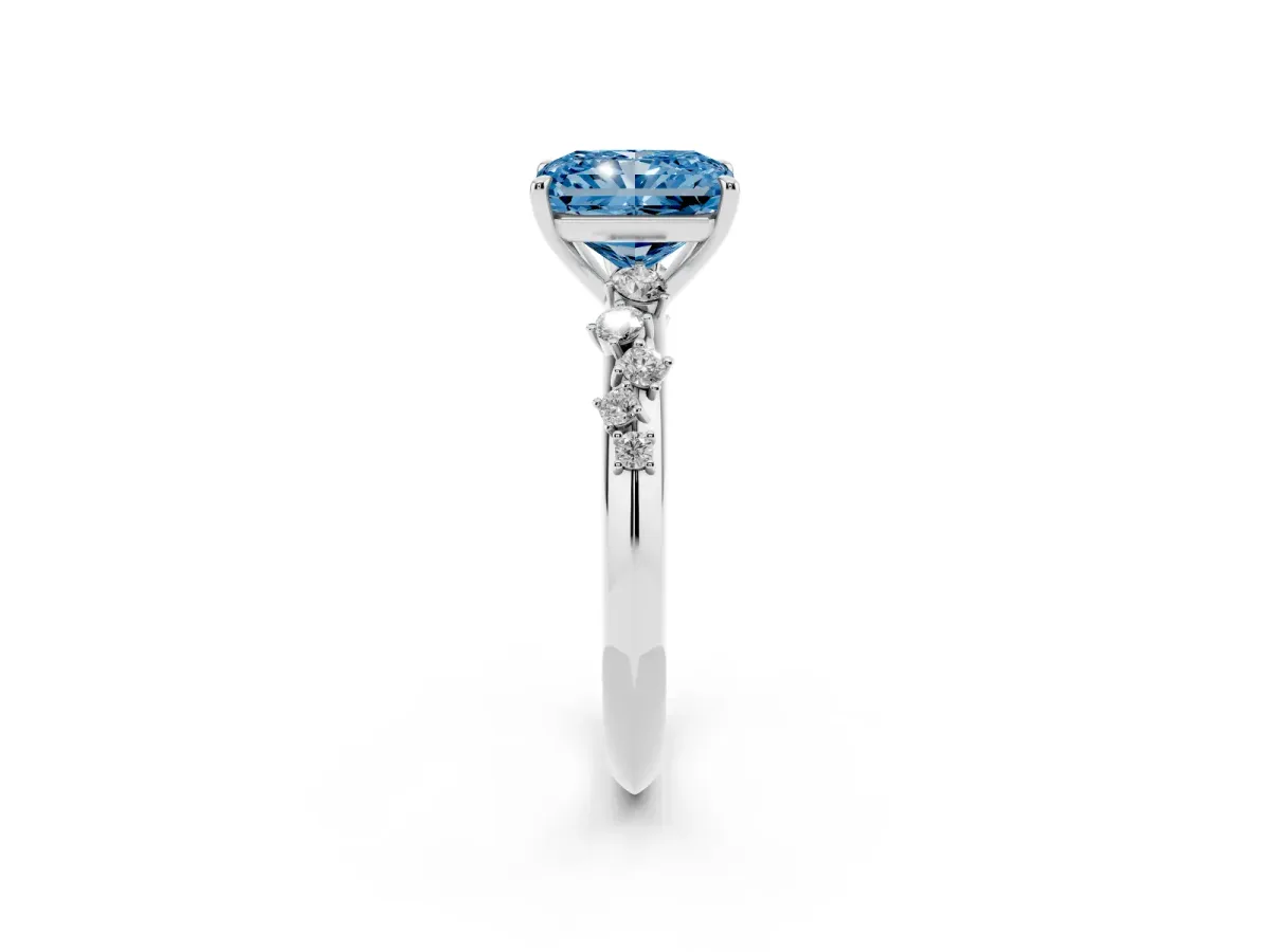 Fancy Blue Radiant Cut Diamond Cluster Side Stone Solitaire Ring with Prong Setting Silver