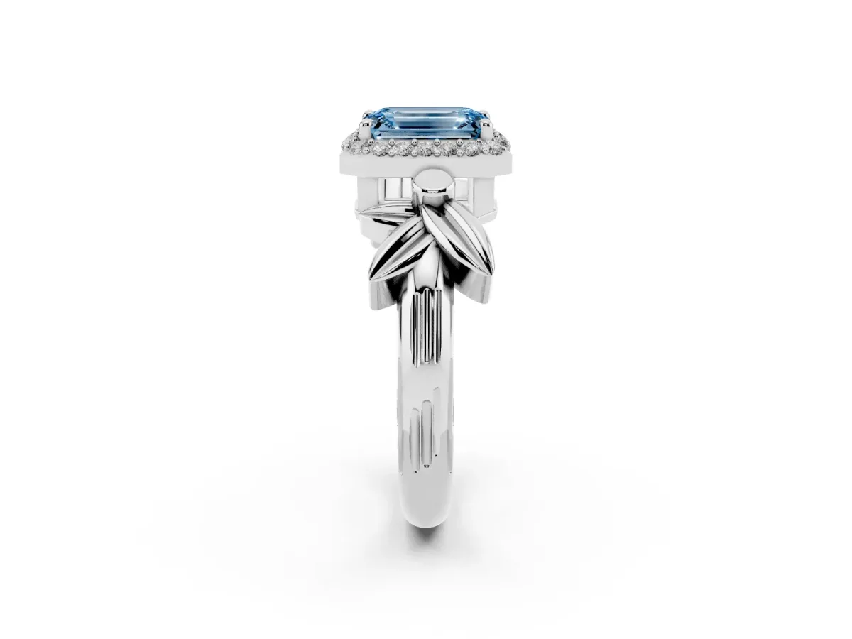 Fancy Blue Emerald Cut Halo Diamond Floral Band with Four-Prong Setting White gold