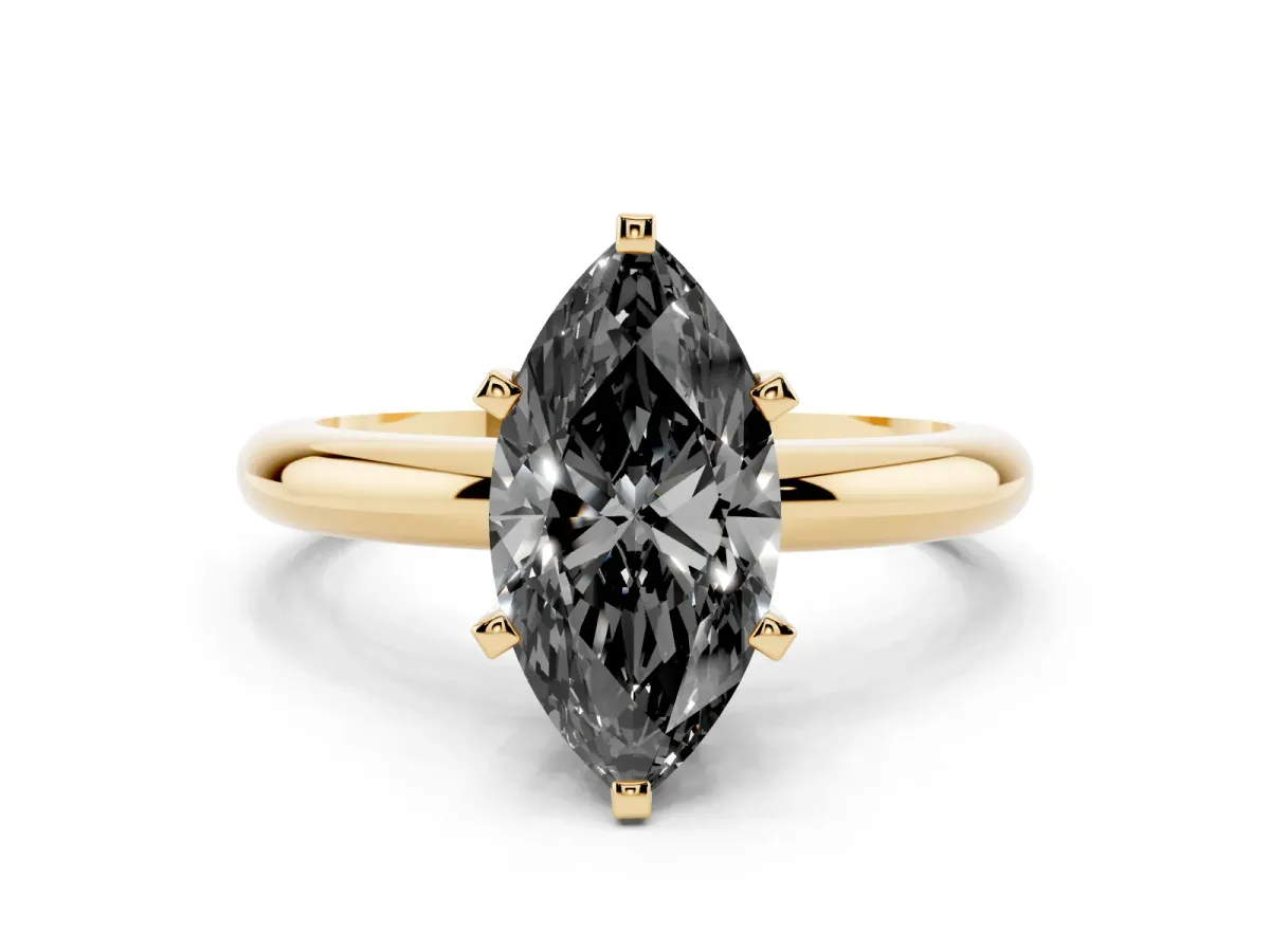 Fancy Black Marquise Cut Diamond Solitaire Engagement Ring with Round Band and Four-Prong Setting Yellow gold