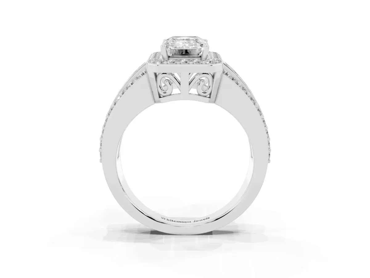 Emerald Cut Halo Diamond Ring with Round Split Shank and Prong Setting Silver