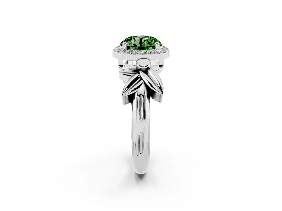 Fancy Green Round Cut Halo Diamond Floral Band with Four-Prong Setting Platinum