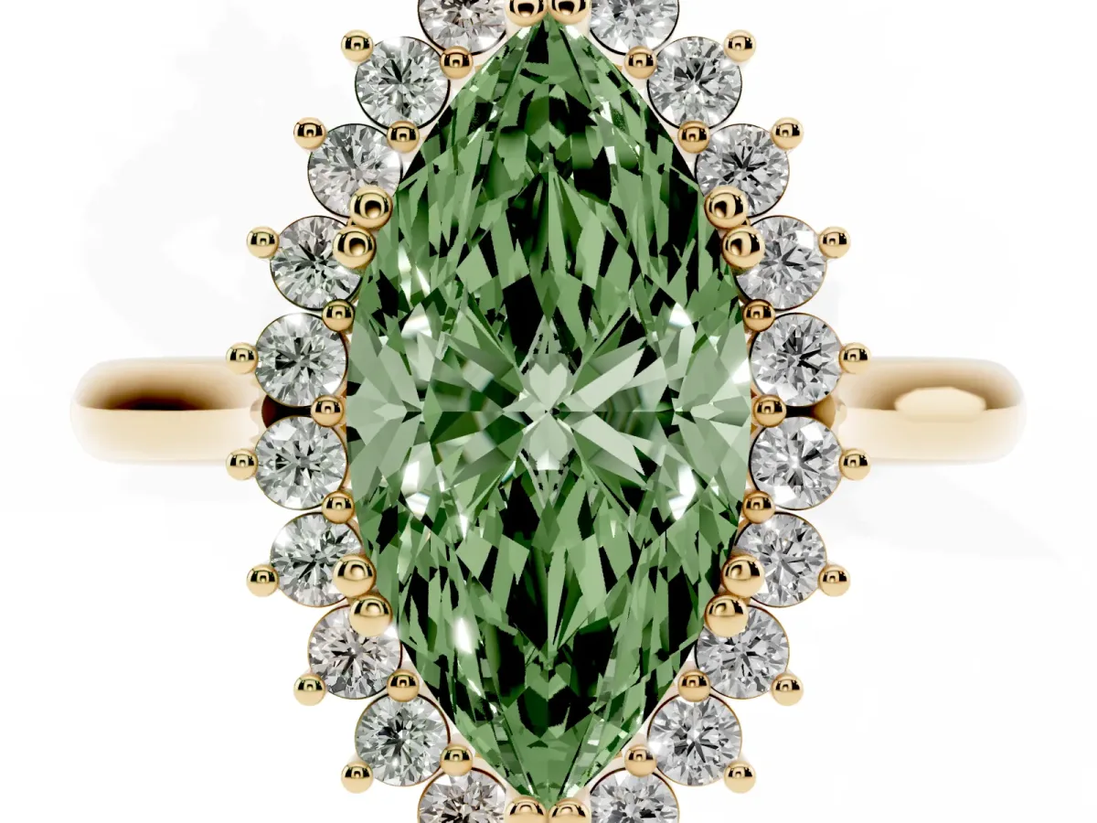 Fancy Green Marquise Cut Cut Diamond Halo Ring with Solitaire Band and Prong Setting Yellow gold