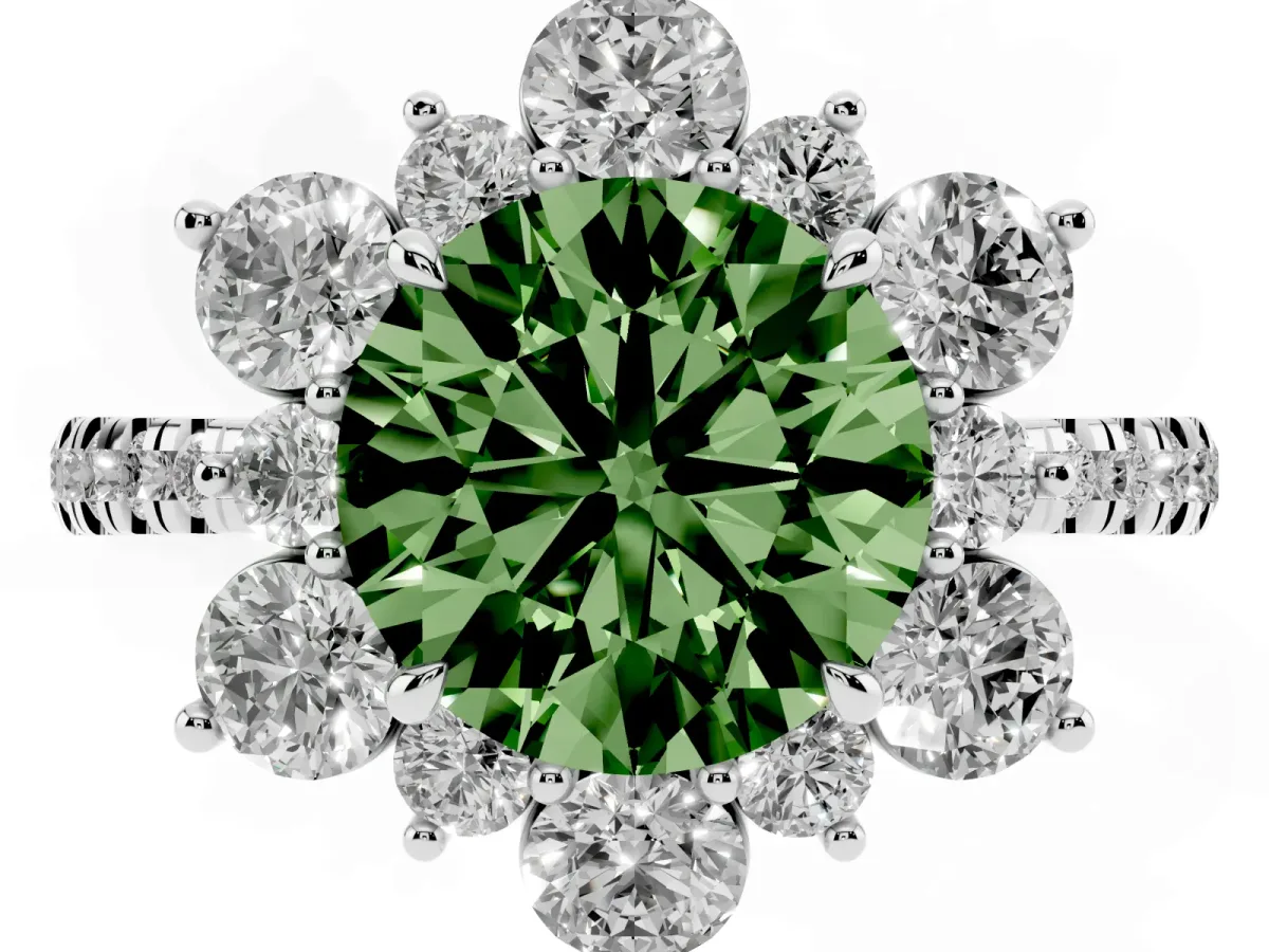 Fancy Green Round Cut Diamond Floral Halo Ring with Round Pavé Band and Prong Setting Silver