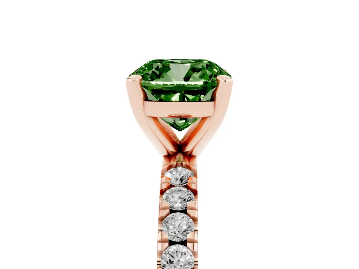 Fancy Green Cushion Cut Diamond Pavé Band Solitaire with Four-Prong Setting Rose gold