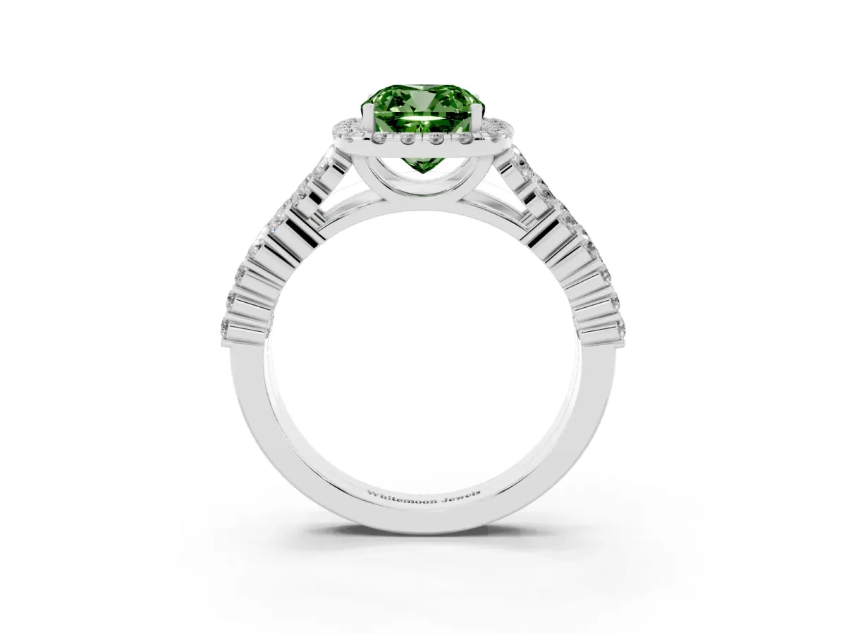 Fancy Green Cushion Cut Diamond Halo Engagement Ring with Triple Row Round Pavé Band and Prong Setting White gold