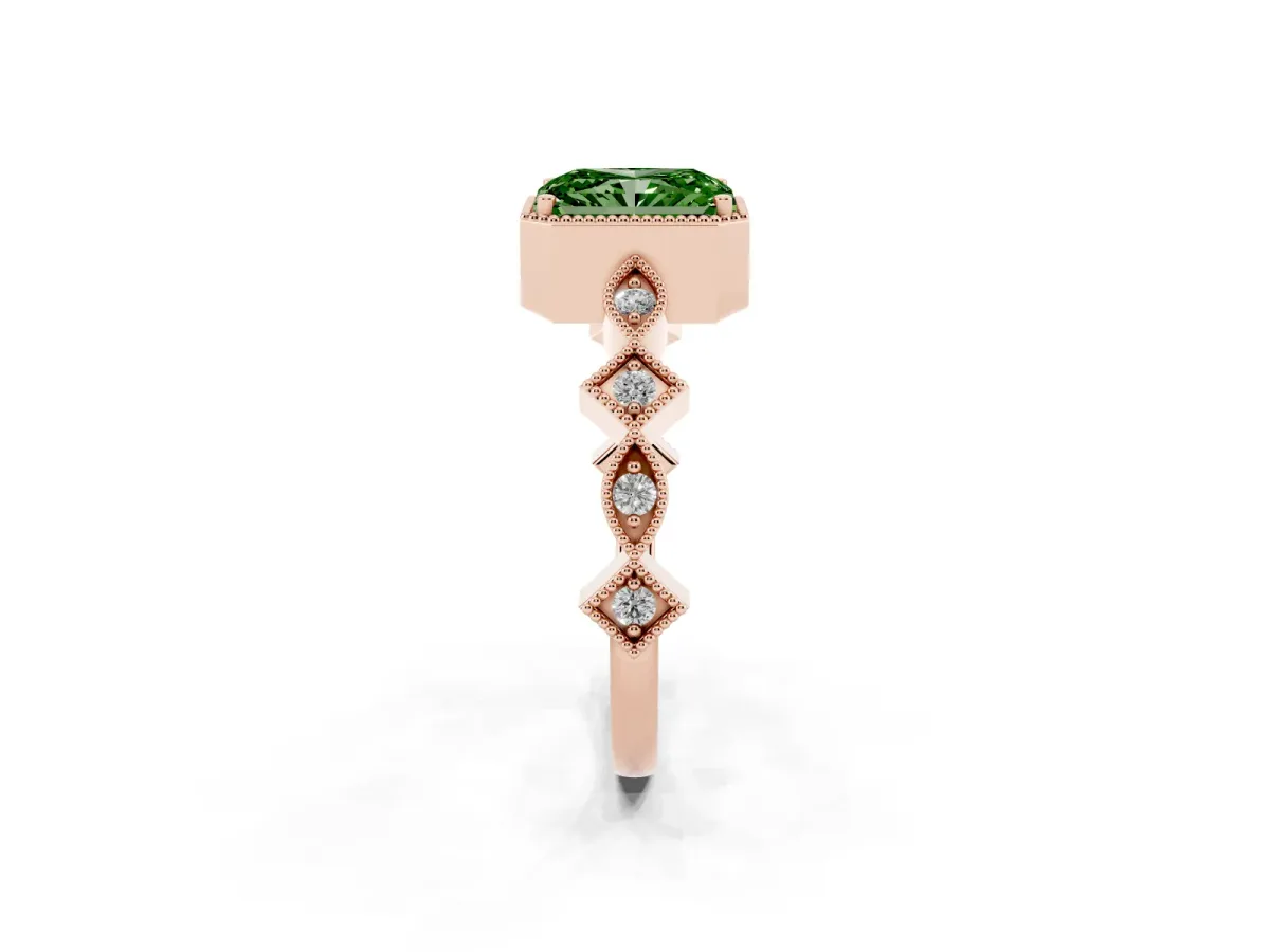 Fancy Green Radiant Cut Milgrain Marquise Diamond Twist Band Ring Rose gold