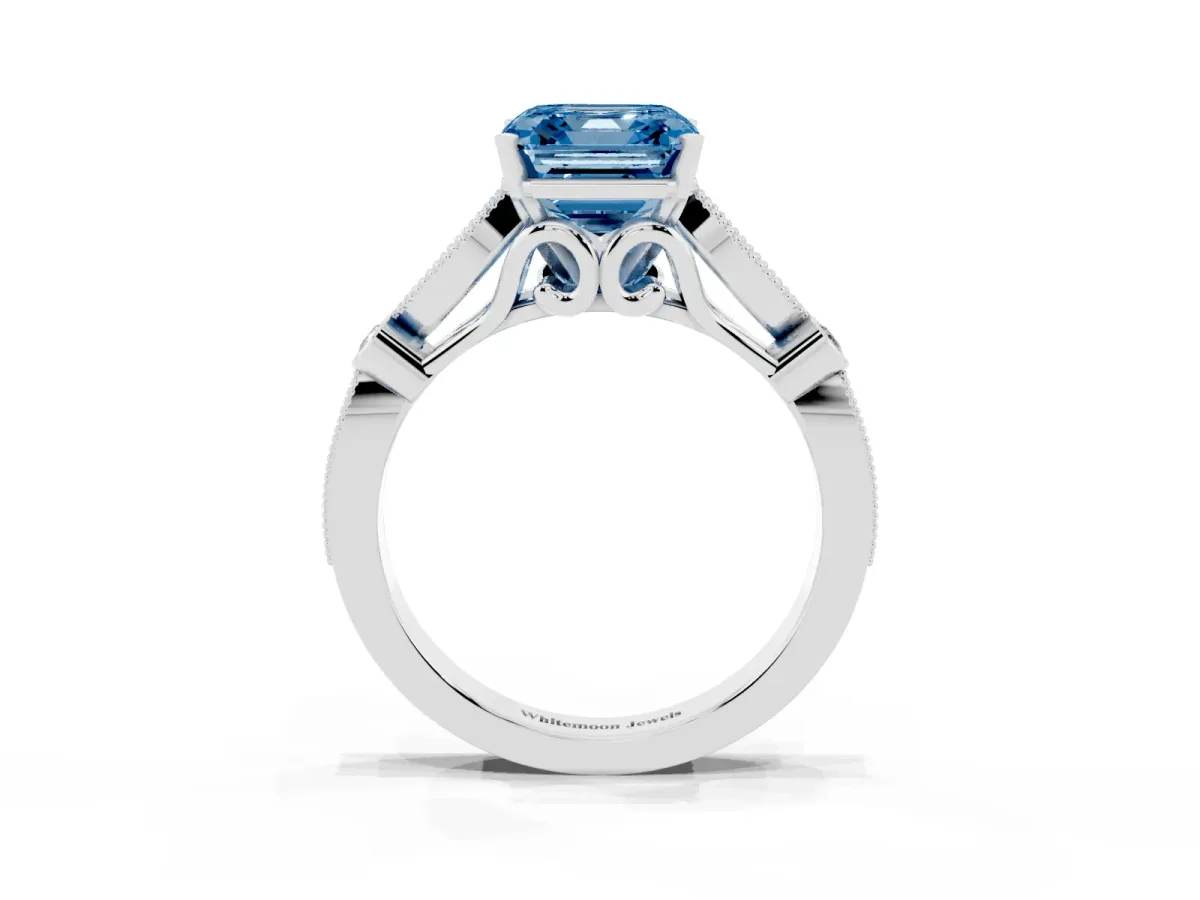 Fancy Blue Asscher Cut Cut Diamond with Milgrain Marquise and Bezel Accents on a Solitaire Band with Prong Setting Silver