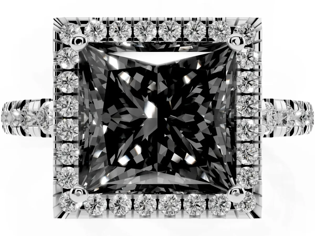 Fancy Black Princess Cut Diamond Halo Ring with Pavé Band and Four-Prong Setting White gold