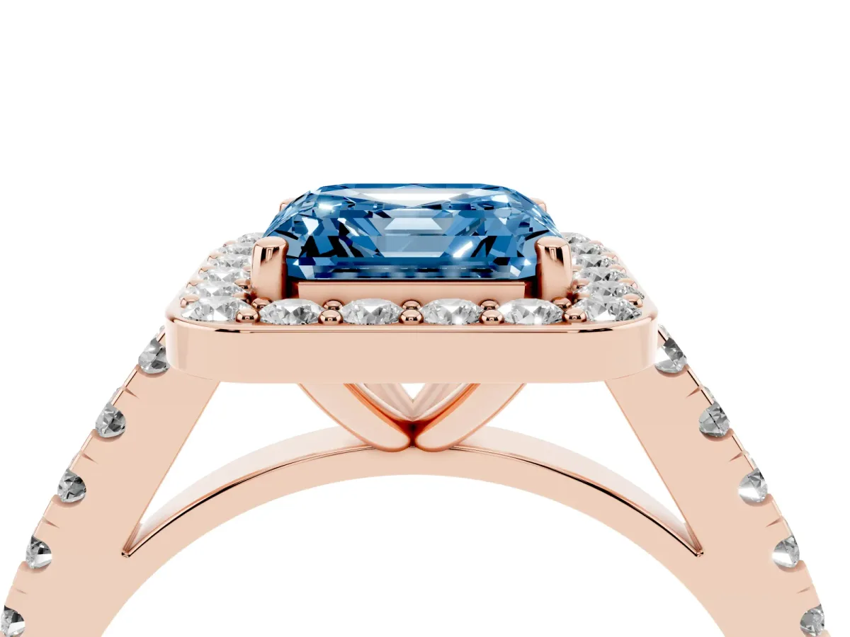 Fancy Blue Asscher Cut Diamond Halo Ring with Round Pavé Split Shank and Prong Setting Rose gold