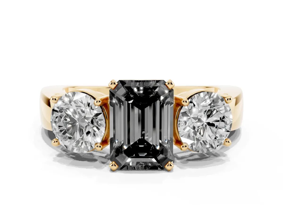 Fancy Black Three-Stone Emerald Cut Diamond Ring with Round Side Stones, Classic Band, and Four-Prong Setting Yellow gold