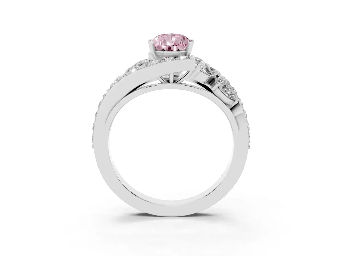 Fancy Pink Pear Cut Diamond Halo Ring with Marquise and Pavé Band in Prong Setting Platinum