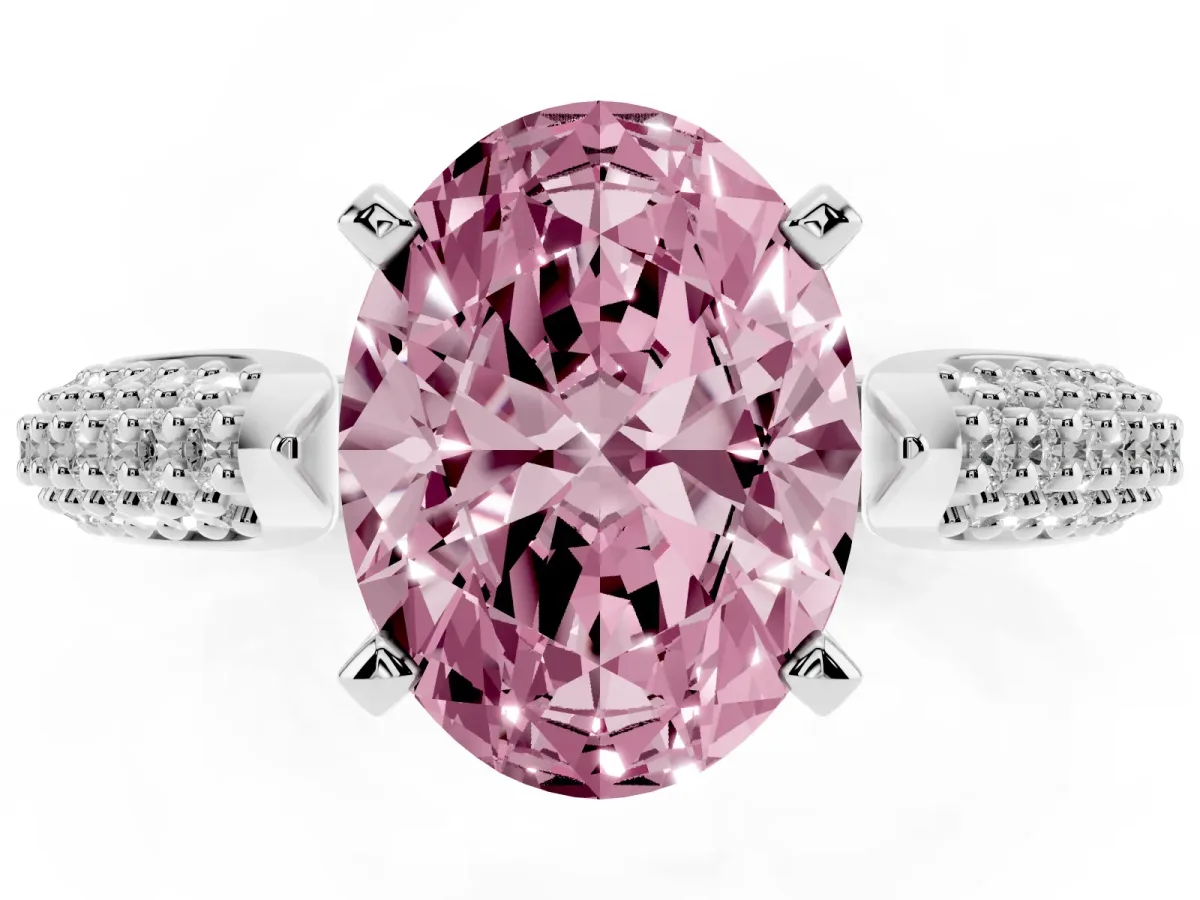 Fancy Pink Oval Cut Diamond Solitaire Engagement Ring with Multi-Row Round Pavé Band and Prong Setting Silver