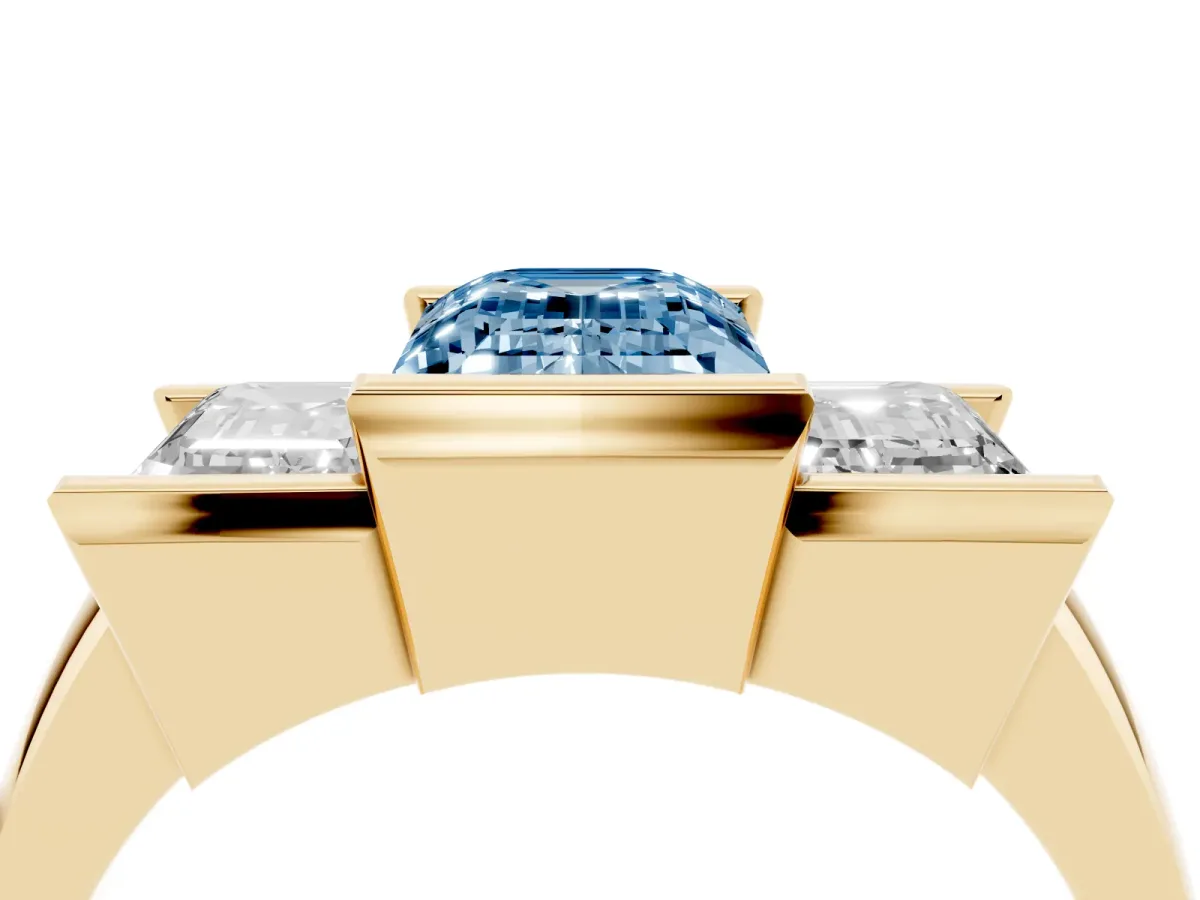 Fancy Blue Three Stone Emerald Cut Cut Channel Set Diamond Ring Yellow gold