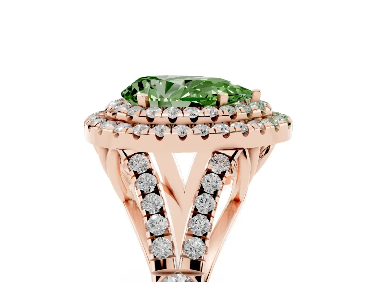 Fancy Green Pear Cut Diamond Double Halo Ring with Split Shank and Prong Setting Rose gold