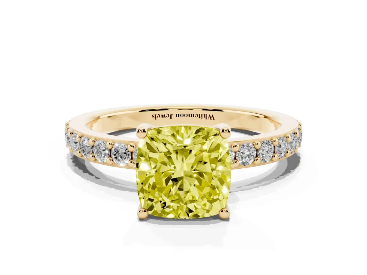 Fancy Yellow Cushion Cut Cut Diamond Solitaire with Pave Band and Four-Prong Setting Yellow gold