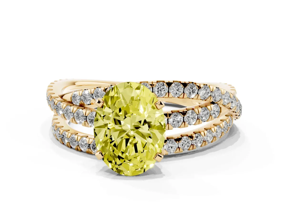 Fancy Yellow Oval Cut Solitaire Twist Band with Pavé Setting and Four-Prong Setting Yellow gold