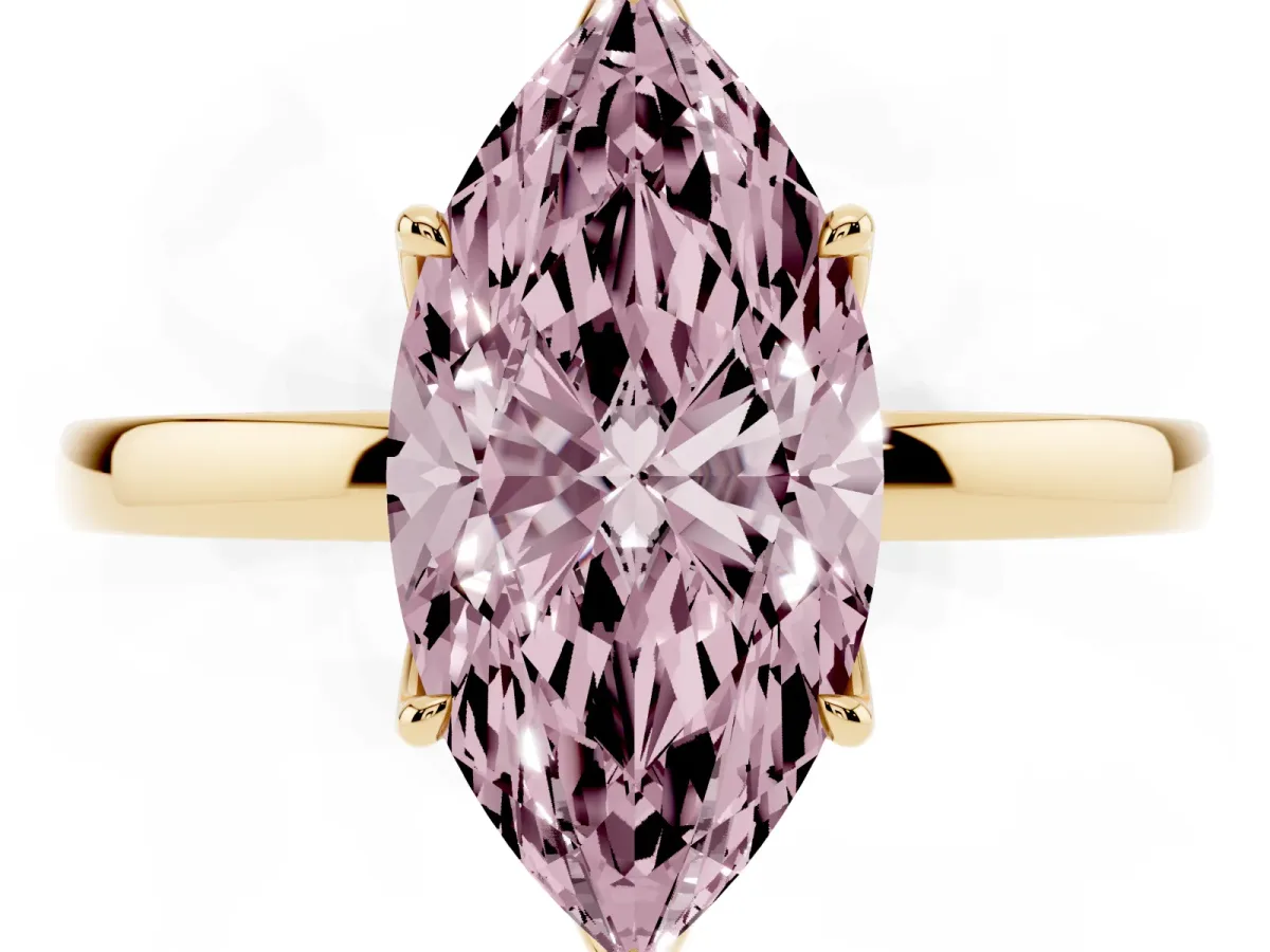Fancy Pink Marquise Cut Diamond Solitaire Ring with Thin Band and Prong Setting Yellow gold