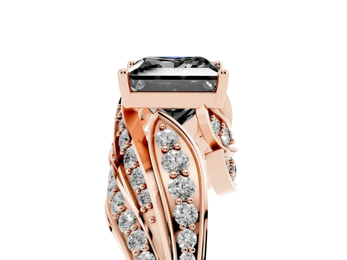 Fancy Black Princess Cut Diamond Solitaire Ring with Prong Setting and Twisted Pavé Band Rose gold