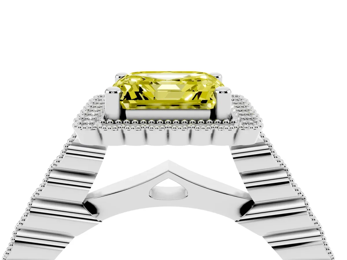 Fancy Yellow Asscher Cut Cut Halo Pavé Solitaire Ring with Milgrain Band Silver