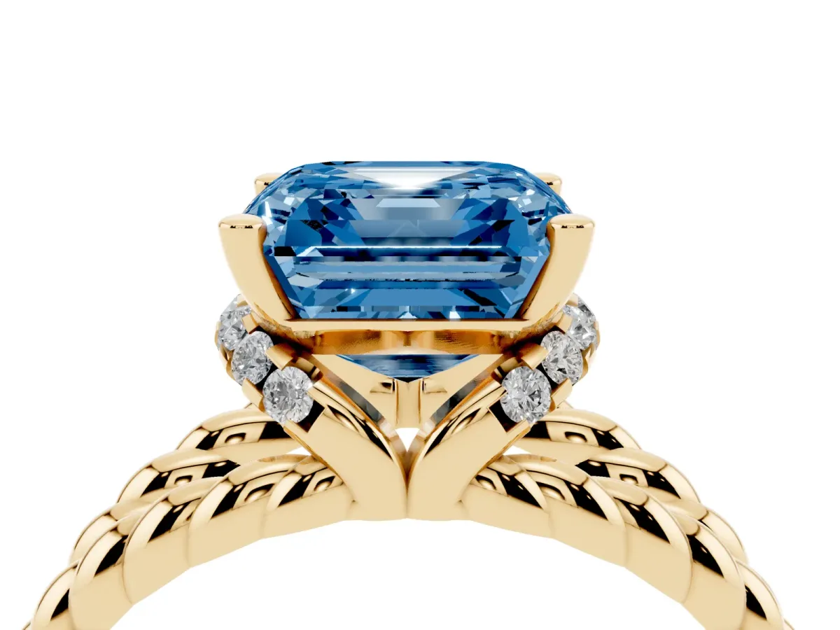 Fancy Blue Asscher Cut Halo Twisted Band Four-Prong Ring Yellow gold