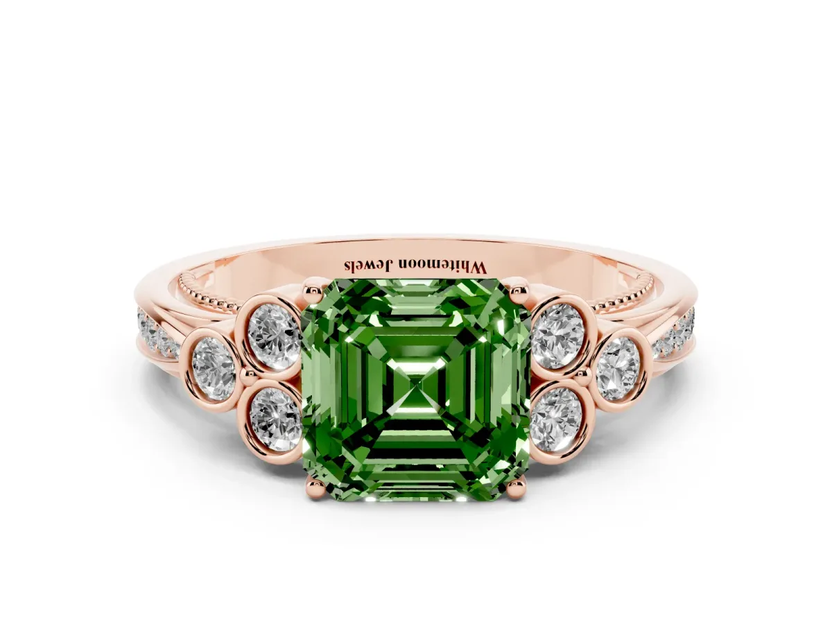 Fancy Green Asscher Cut Cut Diamond Engagement Ring with Bezel Set Round Side Stones and Prong Setting Rose gold