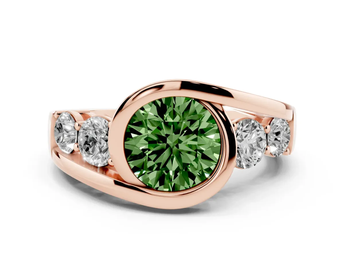 Fancy Green Bezel Set Round Cut Diamond Bypass Ring with Round Accents Rose gold