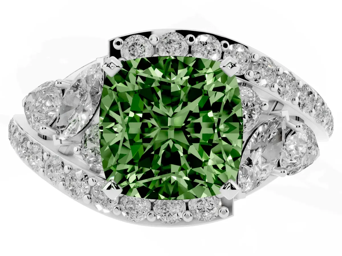 Fancy Green Cushion Cut Diamond Halo Ring with Marquise and Pavé Band in Prong Setting Silver