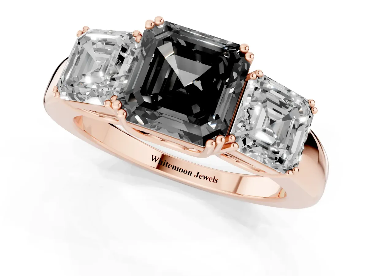 Fancy Black Three-Stone Asscher Cut Cut Diamond Ring with Channel Set Band and Four-Prong Setting Rose gold