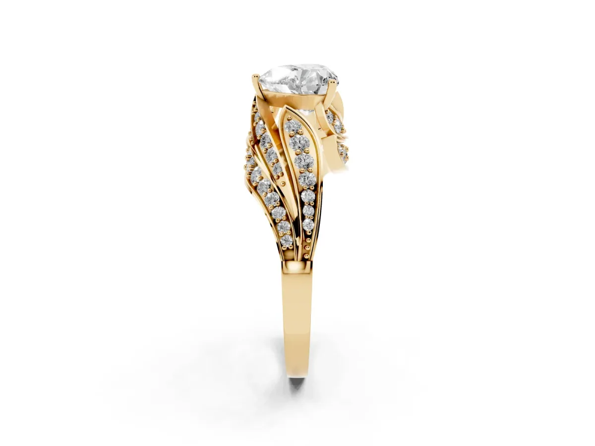 Heart Cut Diamond Solitaire Ring with Prong Setting and Twisted Pavé Band Yellow gold