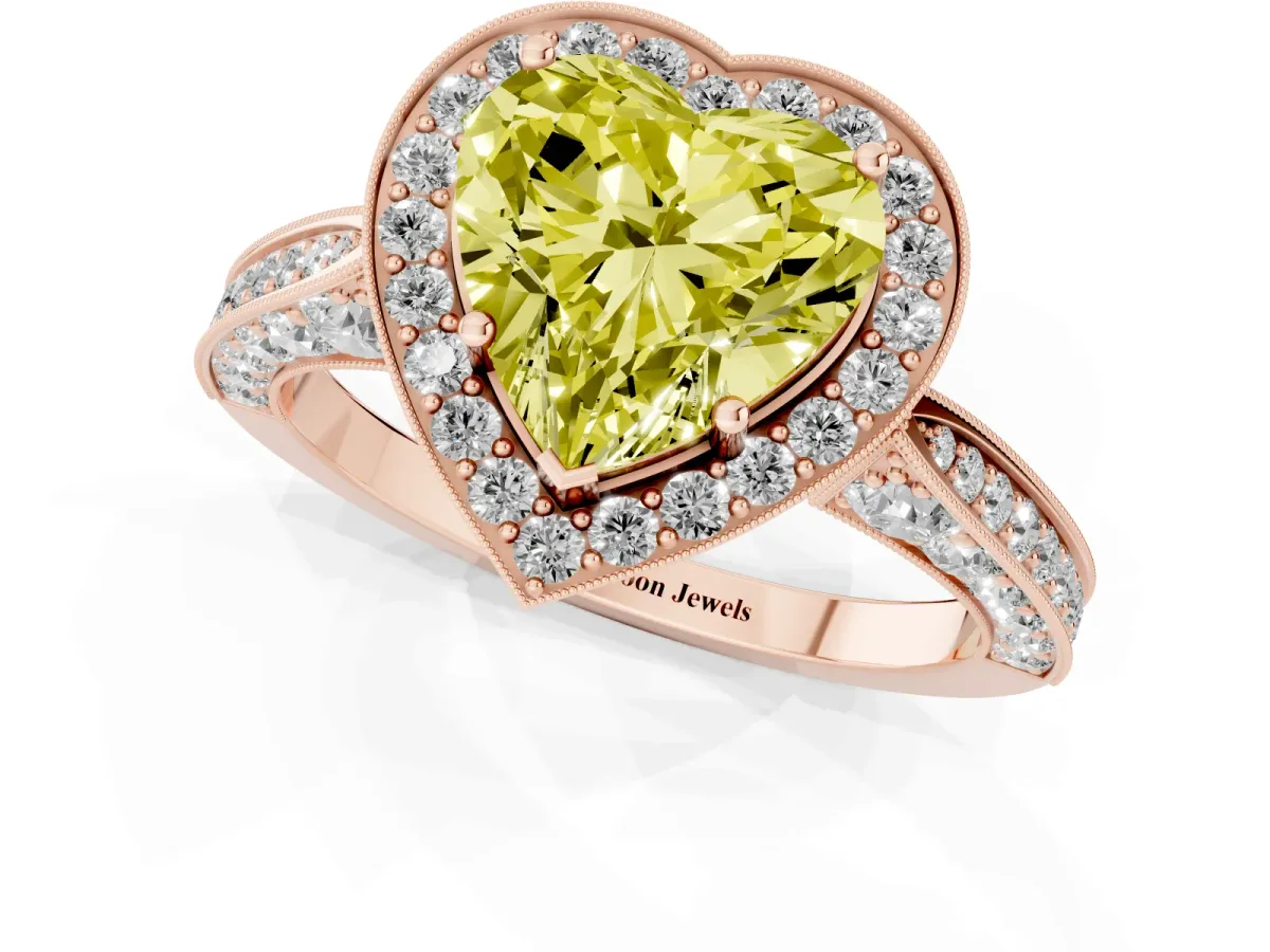 Fancy Yellow Heart Cut Halo Diamond Engagement Ring with Split Shank Band and Four-Prong Setting Rose gold