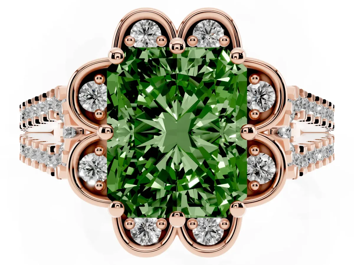Fancy Green Radiant Cut Halo Diamond Floral Split Shank Engagement Ring Rose gold