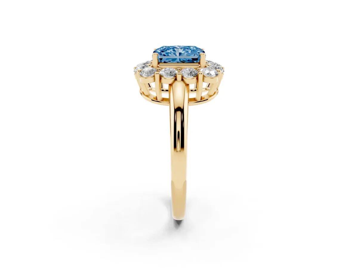 Fancy Blue Radiant Cut Halo Cluster Diamond Engagement Ring with Prong Setting and Polished Band Yellow gold