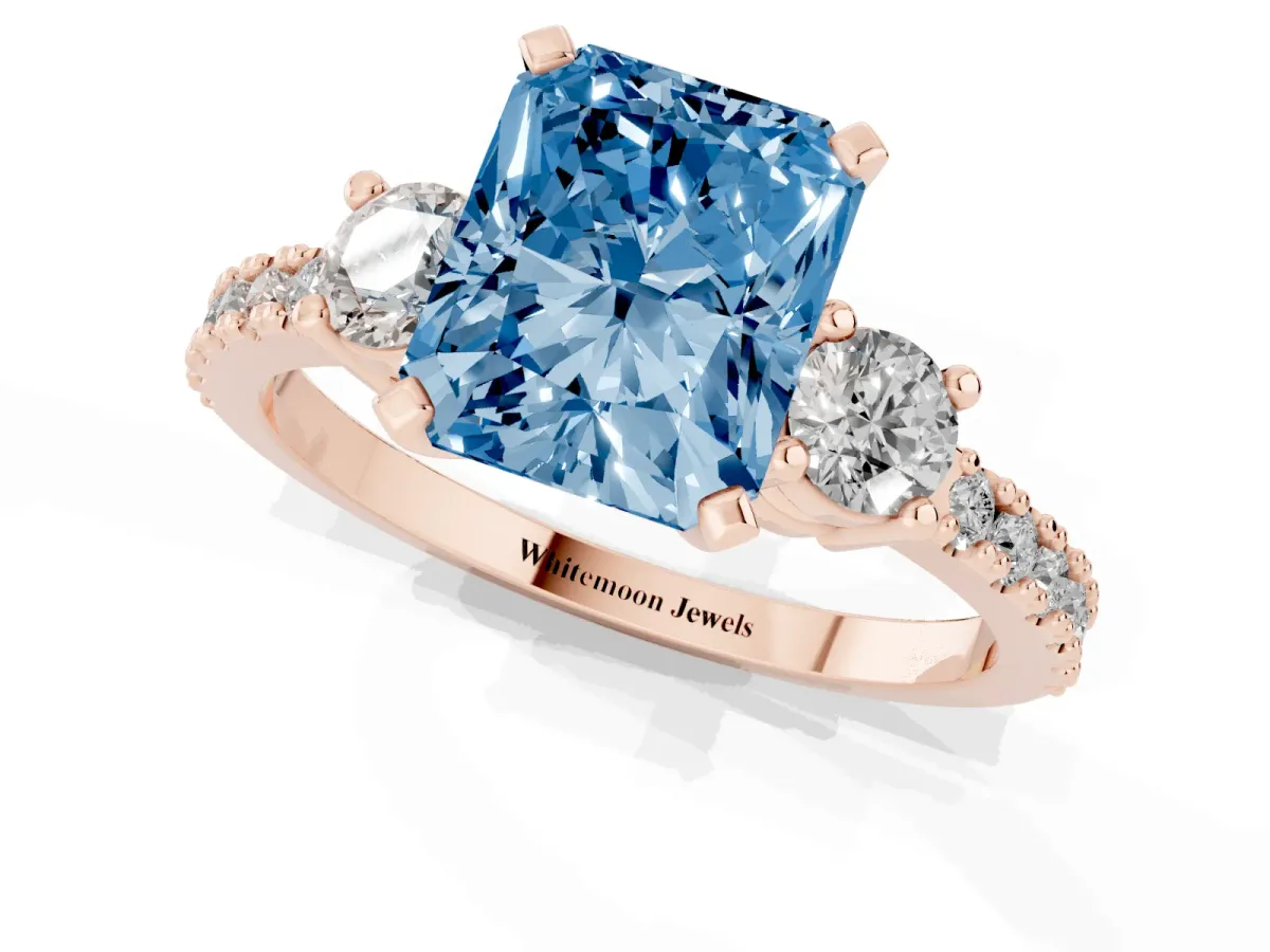 Fancy Blue Radiant Cut Three-Stone Diamond Pavé Band with Prong Setting Rose gold