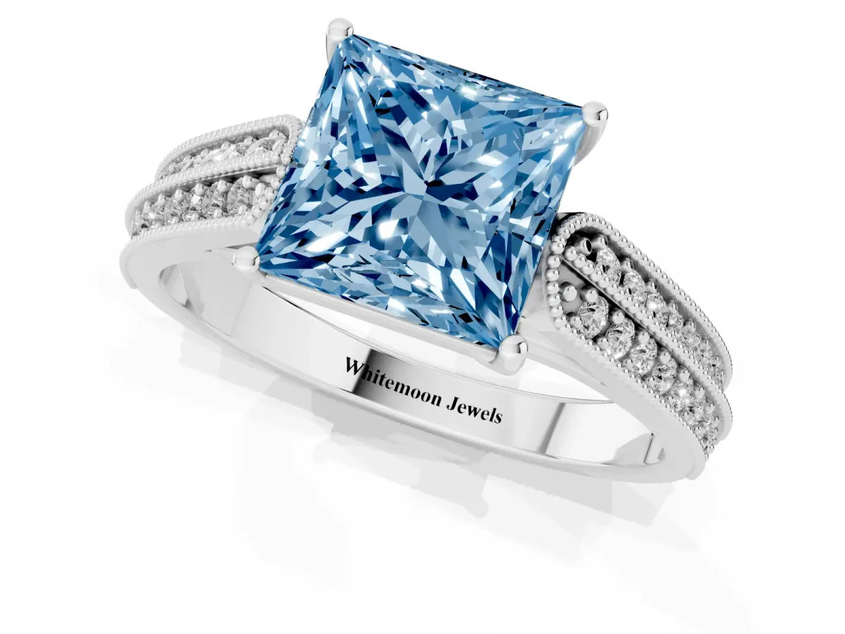 Fancy Blue Princess Cut Cut Pave Split Shank Engagement Ring with Four-Prong Setting Platinum