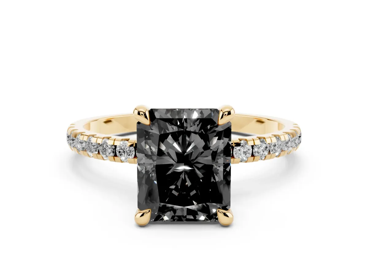 Fancy Black Radiant Cut Diamond Brilliant Solitaire Ring with Pavé Band and Four-Prong Setting Yellow gold