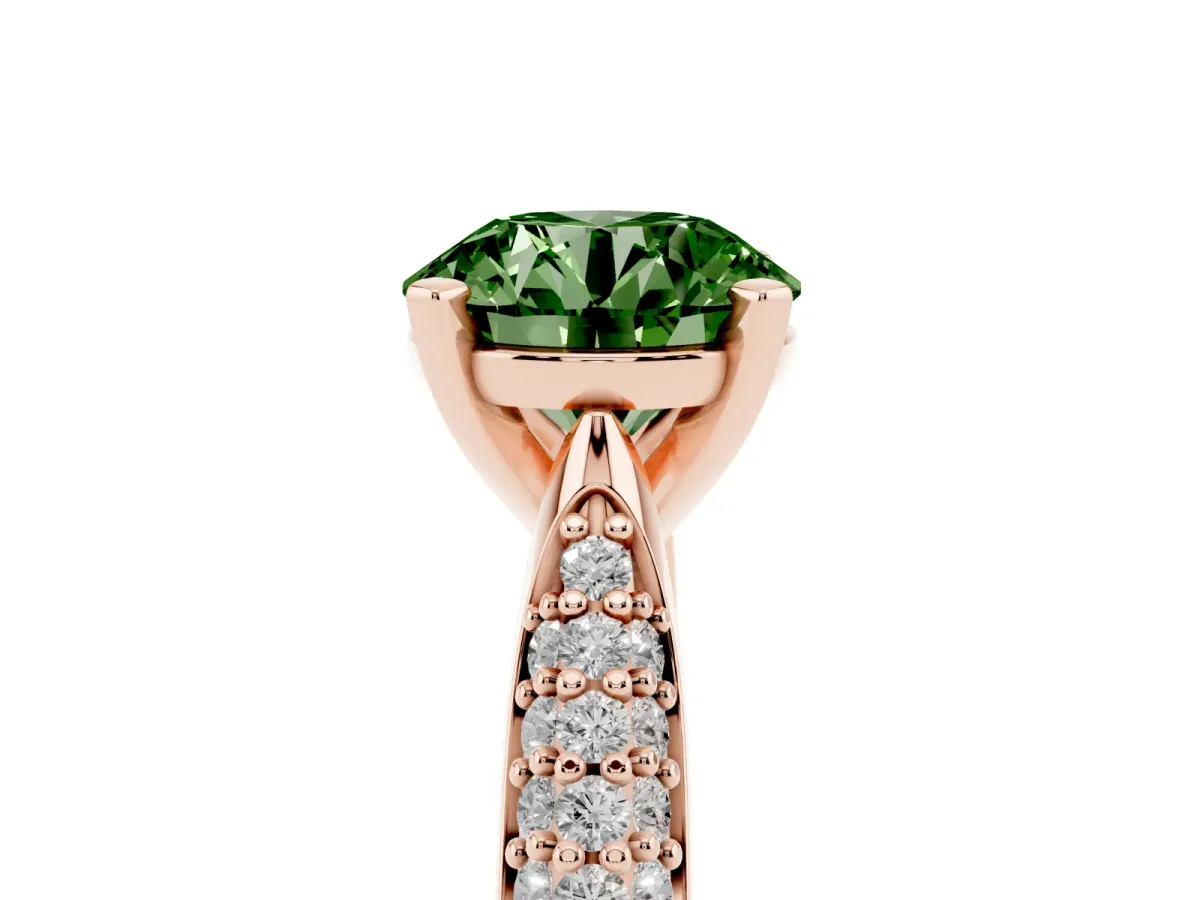 Fancy Green Round Cut Diamond Solitaire Engagement Ring with Multi-Row Round Pavé Band and Prong Setting Rose gold