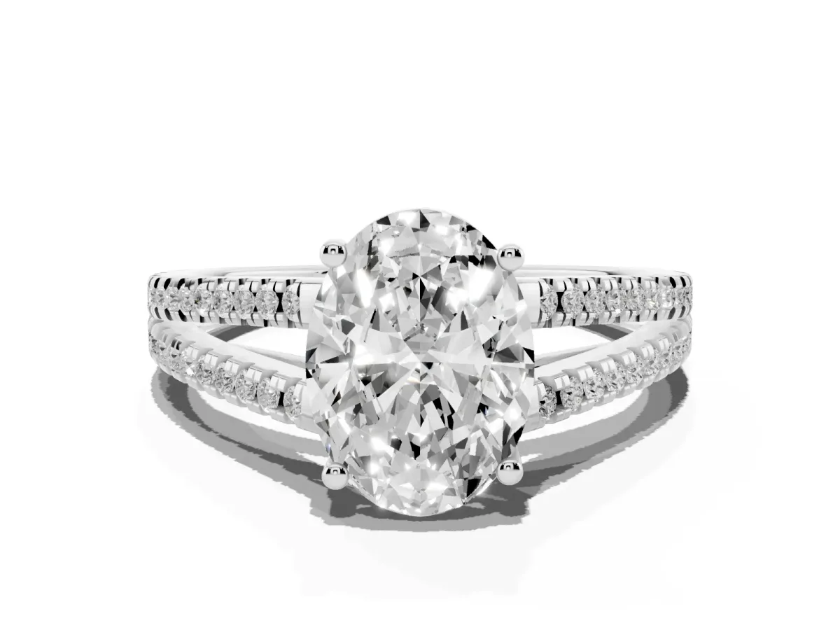 Oval Cut Diamond Solitaire Engagement Ring with Split Shank Pavé Band Silver