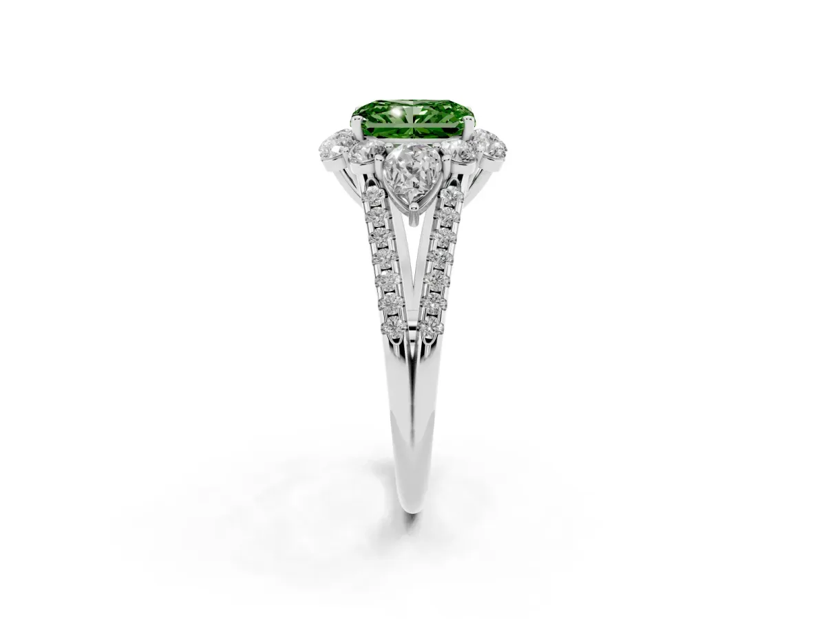 Fancy Green Radiant Cut Halo Split Shank Diamond Engagement Ring with Prong Setting Silver