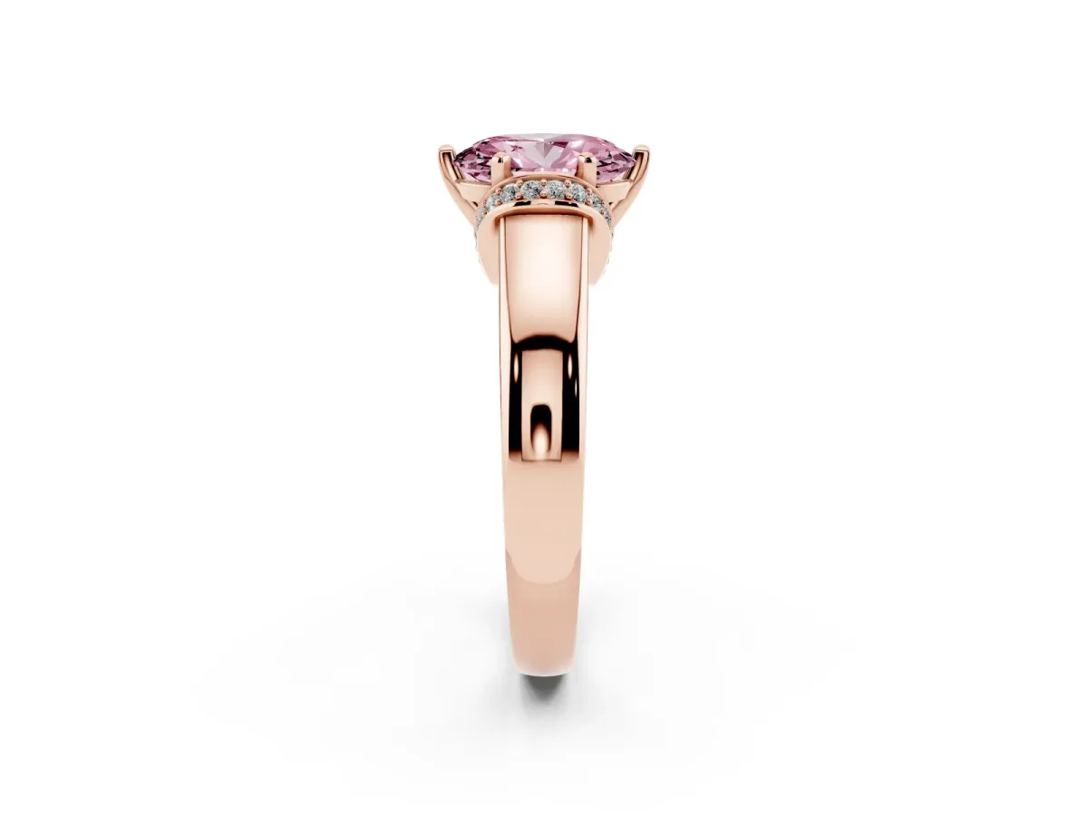 Fancy Pink Oval Cut Solitaire Diamond Ring with Pave Band and Six-Prong Setting Rose gold